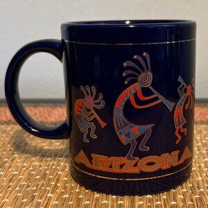 ARIZONA Kokopelli Flute Player Cobalt Blue Ceramic Souvenir Mug ~ Native America